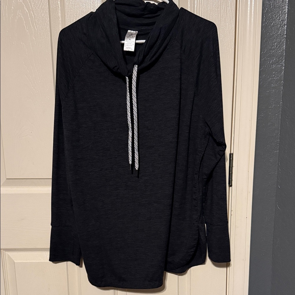 Chic Black Funnel Neck Top with Drawstring